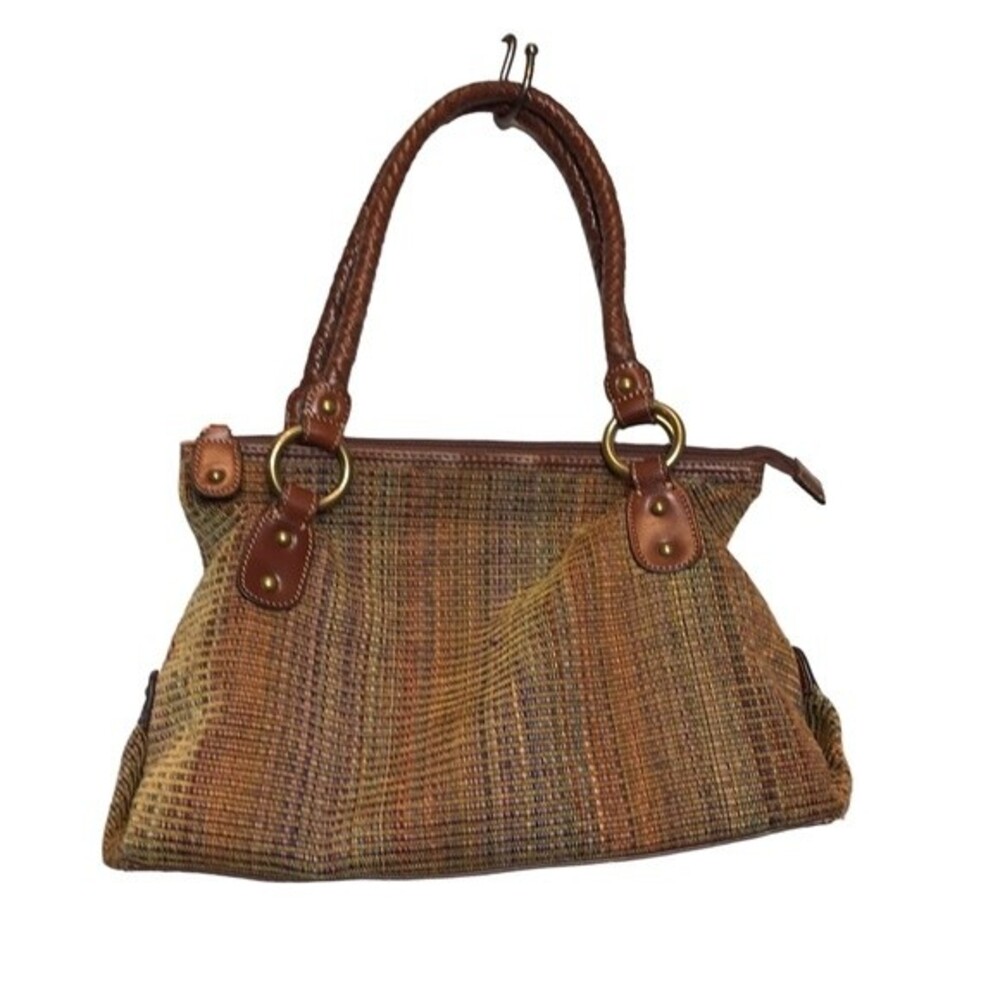 Fossil braided leather trim‎ woven shoulder baguette bag purse